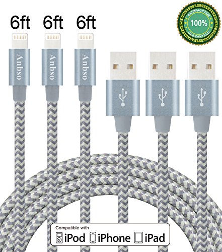 Anbso Lightning Cable 6 FT 3 Pack Nylon Braided Durable USB Sync and Charging Cable for Apple iPhone 7/7plus/6s/6/5s/5/SE, iPad Pro, iPad Air, iPad Mini (gray) - ezschedule