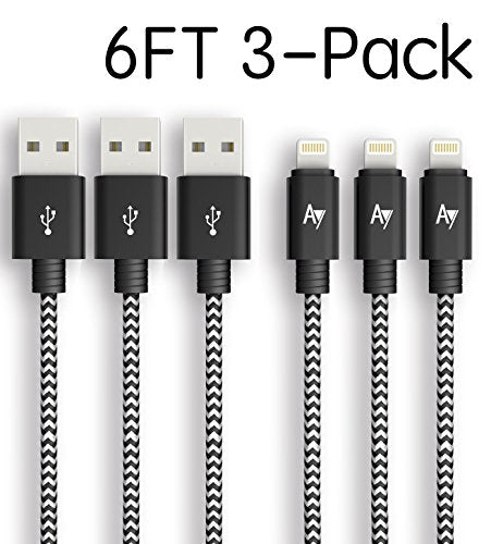 AYIPE USB to iPhone Lightning Cable for iPhone 7/7 Plus/6/6 Plus/6S/6S Plus,SE/5S/5,iPad,iPod Nano 7 [3-Pack] - 6.6 Feet (2 Meters) - BlackWhite - Nylon Braided - ezschedule